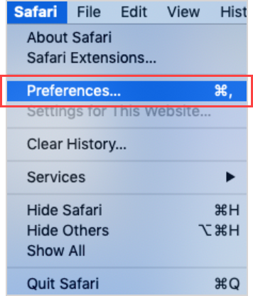 The "Preferences" option is the third option of the Safari browser menu.